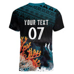Fiji Bati Rugby Custom Viti Masi Women V-Neck T-Shirt Coral Motifs