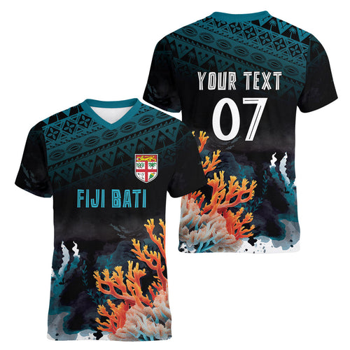 Fiji Bati Rugby Custom Viti Masi Women V-Neck T-Shirt Coral Motifs