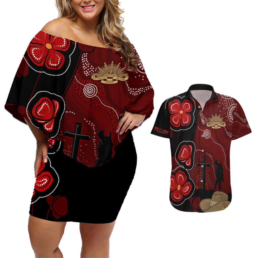 ANZAC Aboriginal Australia Couples Matching Off Shoulder Short Dress and Hawaiian Shirt For the Fallen