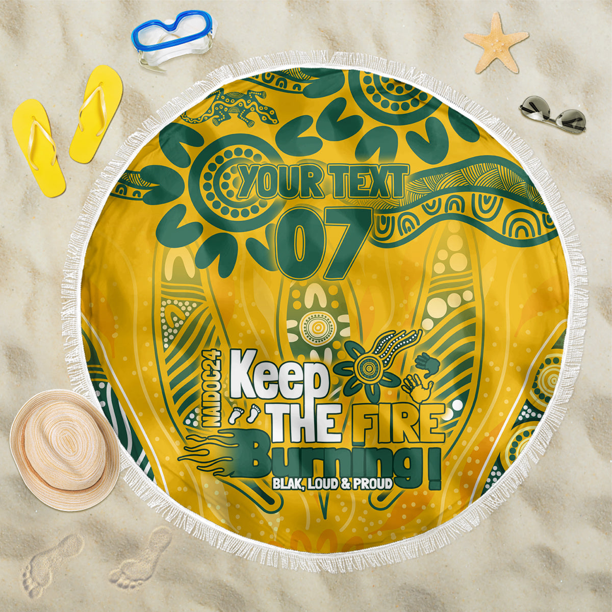 Custom Socceroos NAIDOC Week 2024 Beach Blanket Indigenous Burning Fire National Colors