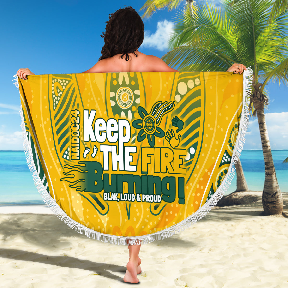 Custom Socceroos NAIDOC Week 2024 Beach Blanket Indigenous Burning Fire National Colors