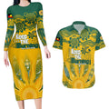 Custom Socceroos NAIDOC Week 2024 Couples Matching Long Sleeve Bodycon Dress and Hawaiian Shirt Indigenous Burning Fire National Colors
