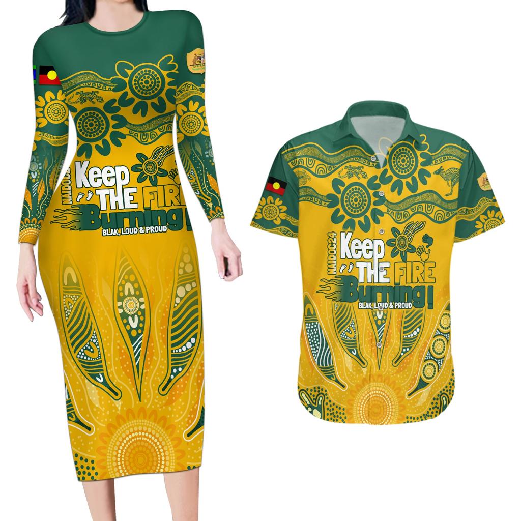Custom Socceroos NAIDOC Week 2024 Couples Matching Long Sleeve Bodycon Dress and Hawaiian Shirt Indigenous Burning Fire National Colors