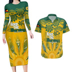 Custom Socceroos NAIDOC Week 2024 Couples Matching Long Sleeve Bodycon Dress and Hawaiian Shirt Indigenous Burning Fire National Colors