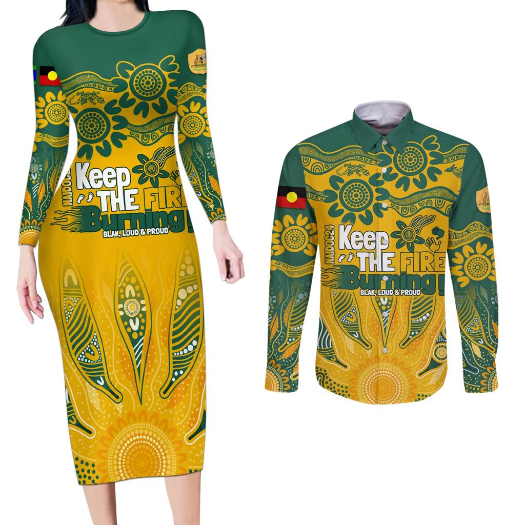 Custom Socceroos NAIDOC Week 2024 Couples Matching Long Sleeve Bodycon Dress and Long Sleeve Button Shirt Indigenous Burning Fire National Colors