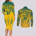 Custom Socceroos NAIDOC Week 2024 Couples Matching Long Sleeve Bodycon Dress and Long Sleeve Button Shirt Indigenous Burning Fire National Colors
