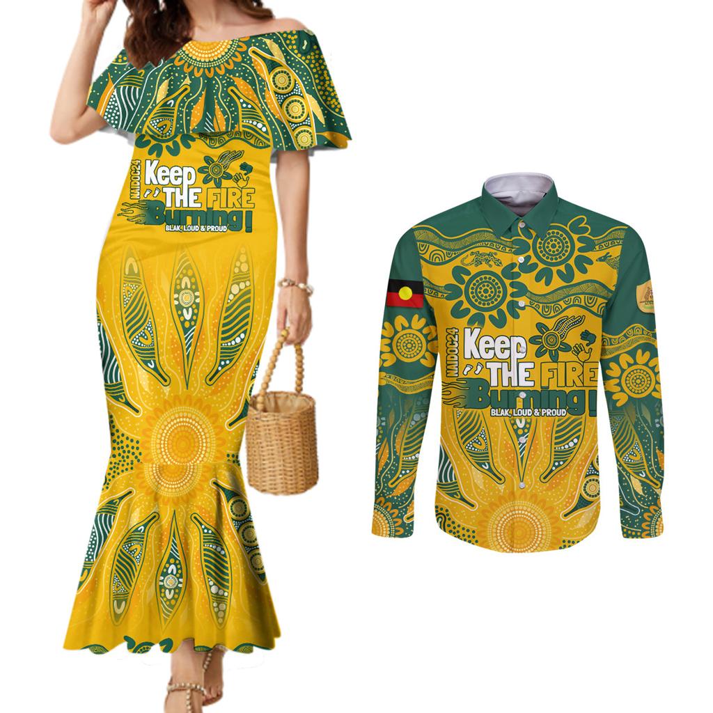 Custom Socceroos NAIDOC Week 2024 Couples Matching Mermaid Dress and Long Sleeve Button Shirt Indigenous Burning Fire National Colors