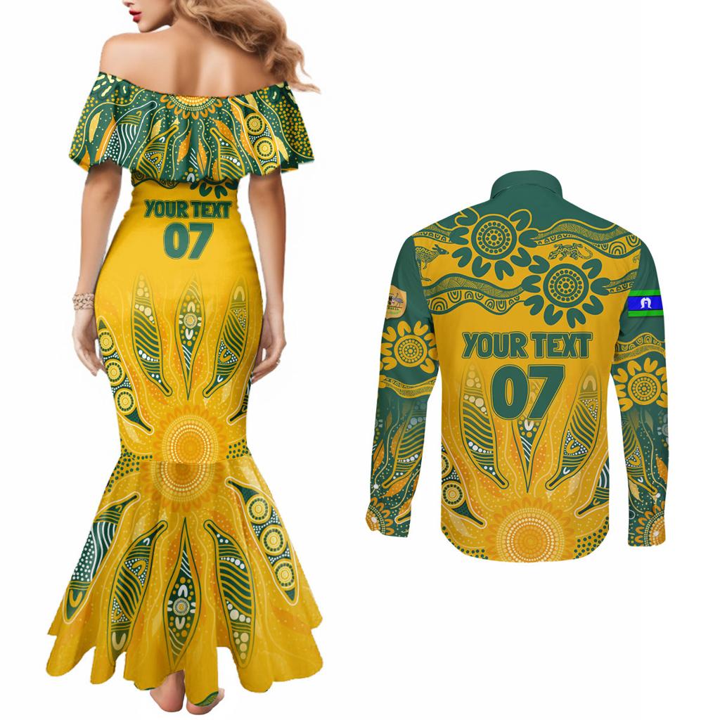 Custom Socceroos NAIDOC Week 2024 Couples Matching Mermaid Dress and Long Sleeve Button Shirt Indigenous Burning Fire National Colors