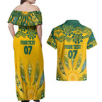 Custom Socceroos NAIDOC Week 2024 Couples Matching Off Shoulder Maxi Dress and Hawaiian Shirt Indigenous Burning Fire National Colors