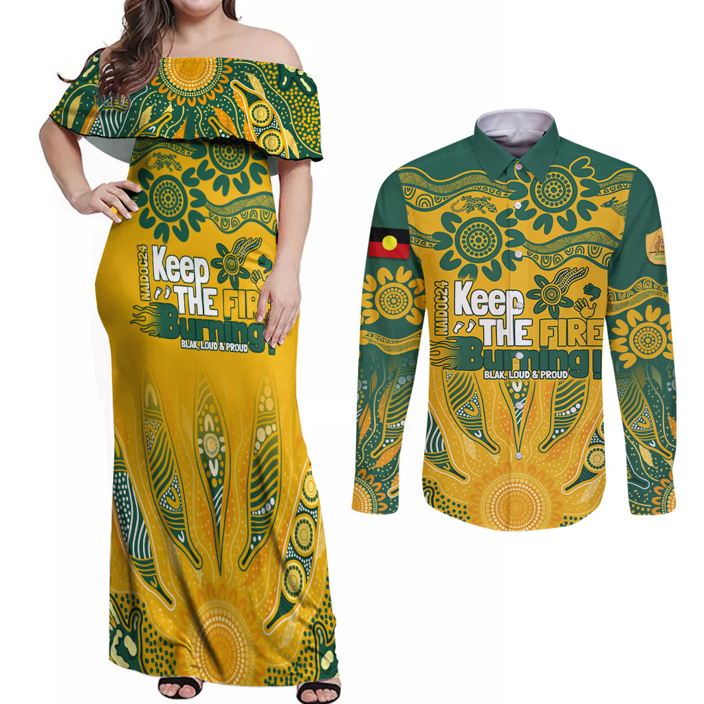 Custom Socceroos NAIDOC Week 2024 Couples Matching Off Shoulder Maxi Dress and Long Sleeve Button Shirt Indigenous Burning Fire National Colors