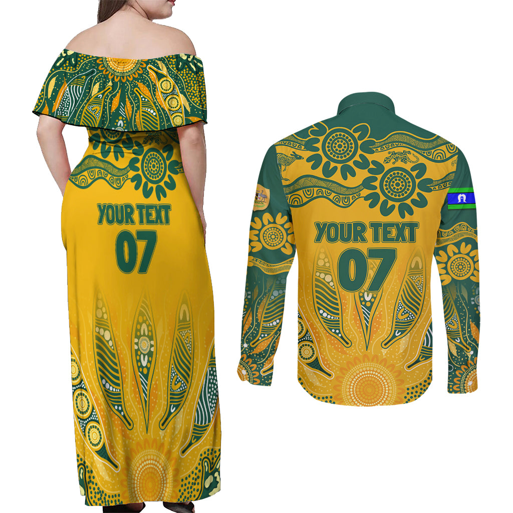 Custom Socceroos NAIDOC Week 2024 Couples Matching Off Shoulder Maxi Dress and Long Sleeve Button Shirt Indigenous Burning Fire National Colors