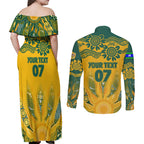 Custom Socceroos NAIDOC Week 2024 Couples Matching Off Shoulder Maxi Dress and Long Sleeve Button Shirt Indigenous Burning Fire National Colors