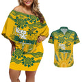 Custom Socceroos NAIDOC Week 2024 Couples Matching Off Shoulder Short Dress and Hawaiian Shirt Indigenous Burning Fire National Colors