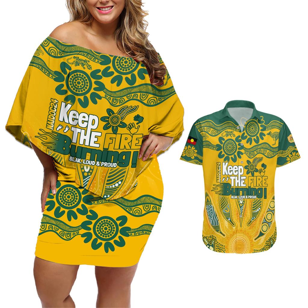 Custom Socceroos NAIDOC Week 2024 Couples Matching Off Shoulder Short Dress and Hawaiian Shirt Indigenous Burning Fire National Colors