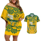 Custom Socceroos NAIDOC Week 2024 Couples Matching Off Shoulder Short Dress and Hawaiian Shirt Indigenous Burning Fire National Colors