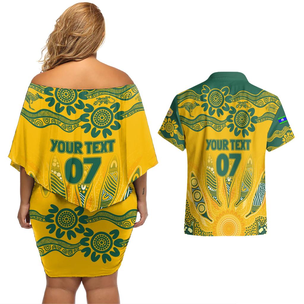 Custom Socceroos NAIDOC Week 2024 Couples Matching Off Shoulder Short Dress and Hawaiian Shirt Indigenous Burning Fire National Colors