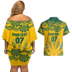 Custom Socceroos NAIDOC Week 2024 Couples Matching Off Shoulder Short Dress and Hawaiian Shirt Indigenous Burning Fire National Colors