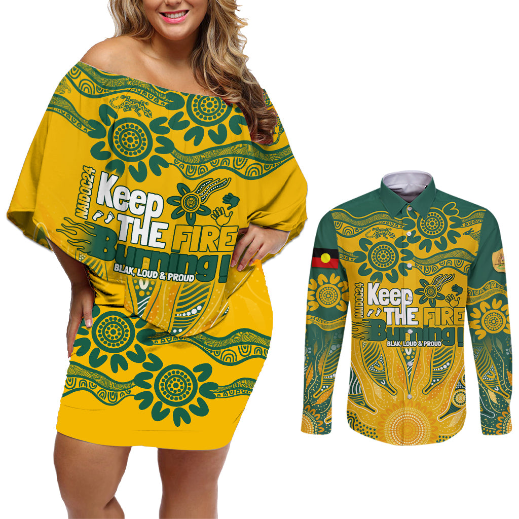 Custom Socceroos NAIDOC Week 2024 Couples Matching Off Shoulder Short Dress and Long Sleeve Button Shirt Indigenous Burning Fire National Colors