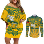 Custom Socceroos NAIDOC Week 2024 Couples Matching Off Shoulder Short Dress and Long Sleeve Button Shirt Indigenous Burning Fire National Colors