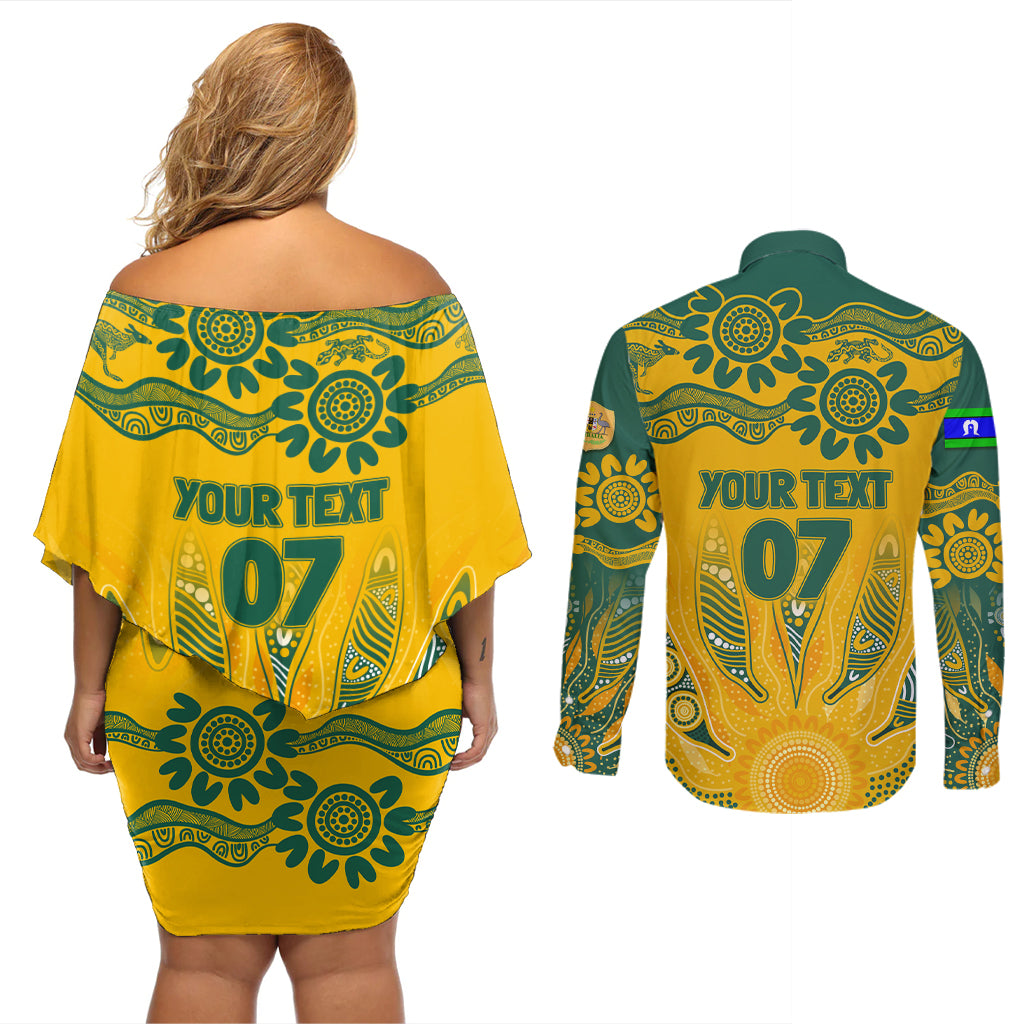 Custom Socceroos NAIDOC Week 2024 Couples Matching Off Shoulder Short Dress and Long Sleeve Button Shirt Indigenous Burning Fire National Colors