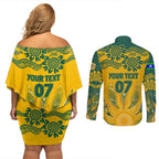 Custom Socceroos NAIDOC Week 2024 Couples Matching Off Shoulder Short Dress and Long Sleeve Button Shirt Indigenous Burning Fire National Colors