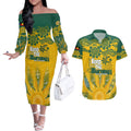 Custom Socceroos NAIDOC Week 2024 Couples Matching Off The Shoulder Long Sleeve Dress and Hawaiian Shirt Indigenous Burning Fire National Colors