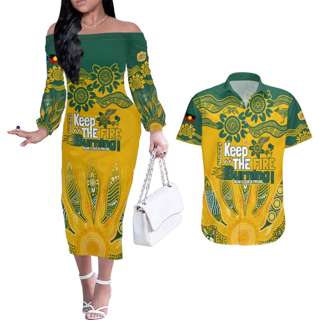 Custom Socceroos NAIDOC Week 2024 Couples Matching Off The Shoulder Long Sleeve Dress and Hawaiian Shirt Indigenous Burning Fire National Colors