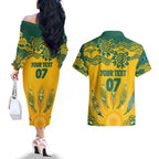 Custom Socceroos NAIDOC Week 2024 Couples Matching Off The Shoulder Long Sleeve Dress and Hawaiian Shirt Indigenous Burning Fire National Colors