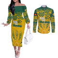 Custom Socceroos NAIDOC Week 2024 Couples Matching Off The Shoulder Long Sleeve Dress and Long Sleeve Button Shirt Indigenous Burning Fire National Colors
