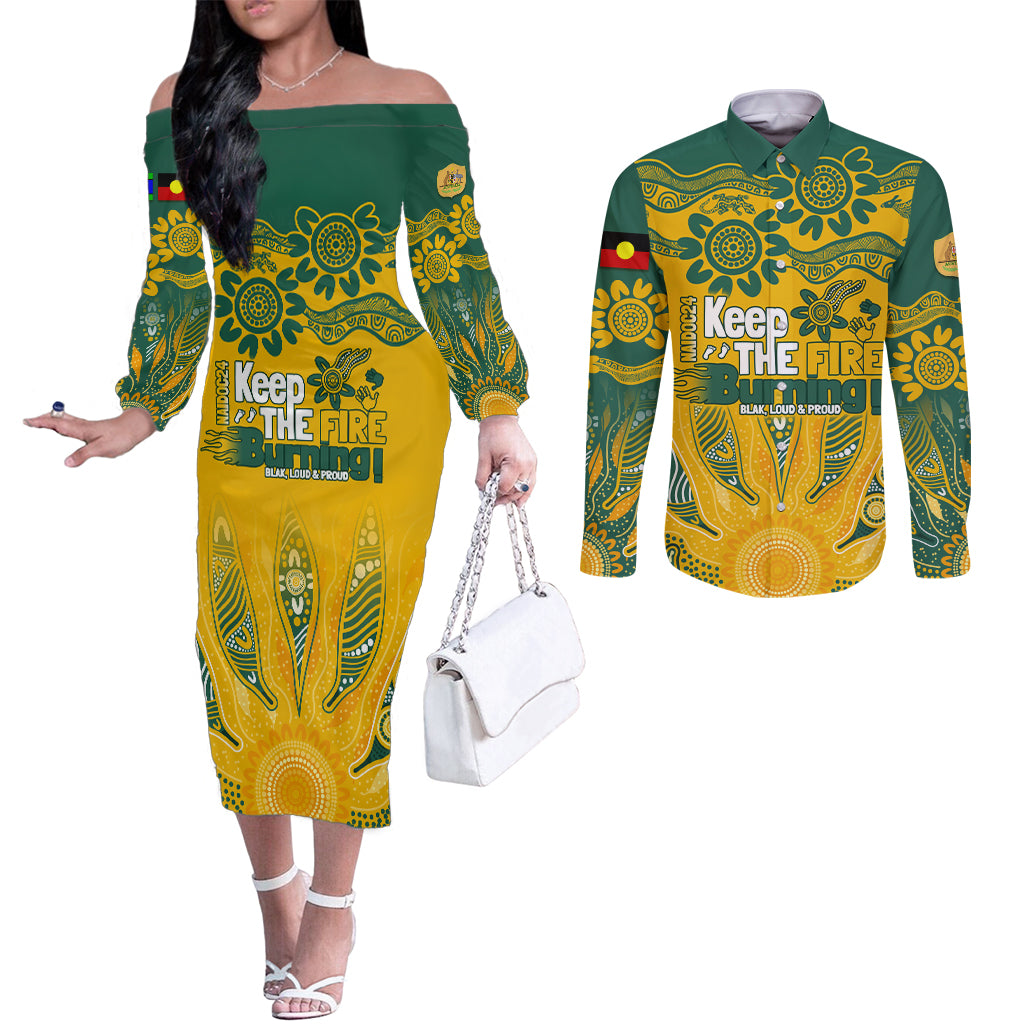 Custom Socceroos NAIDOC Week 2024 Couples Matching Off The Shoulder Long Sleeve Dress and Long Sleeve Button Shirt Indigenous Burning Fire National Colors