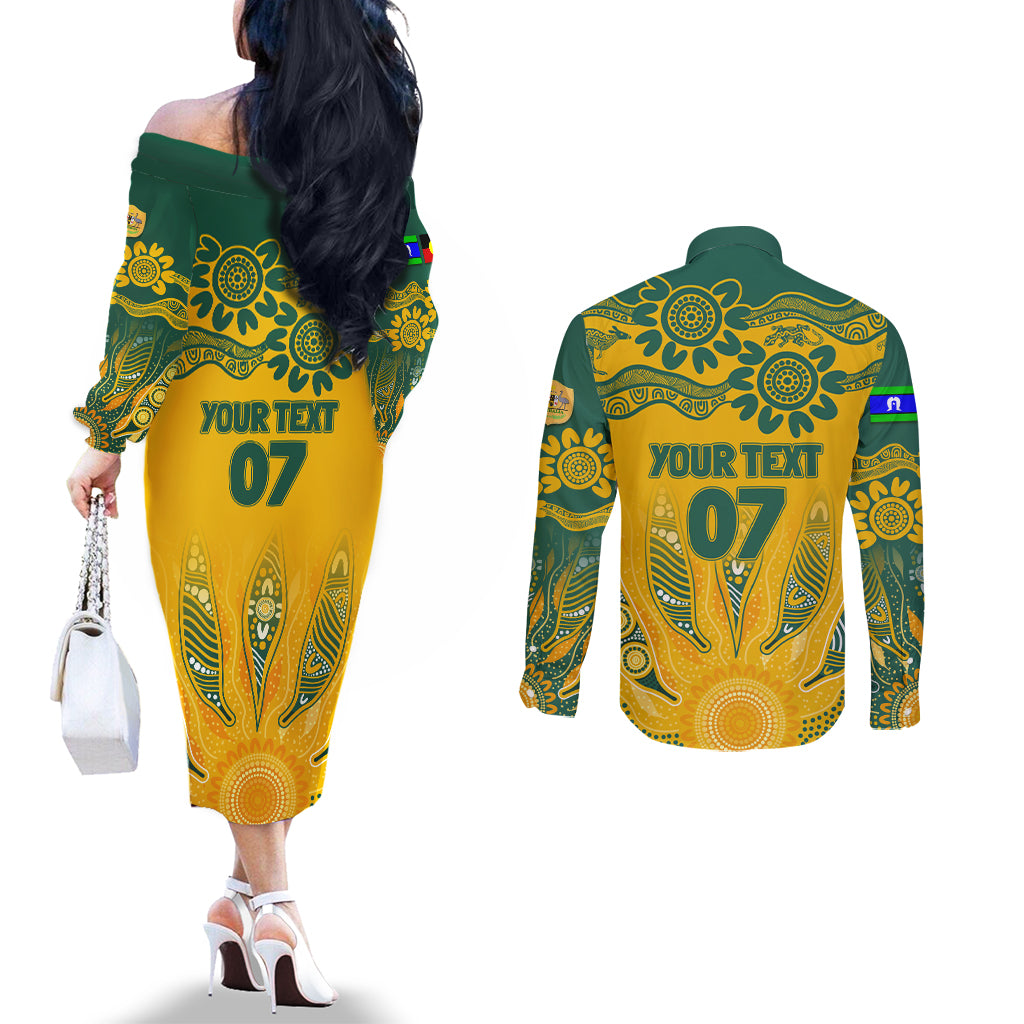Custom Socceroos NAIDOC Week 2024 Couples Matching Off The Shoulder Long Sleeve Dress and Long Sleeve Button Shirt Indigenous Burning Fire National Colors