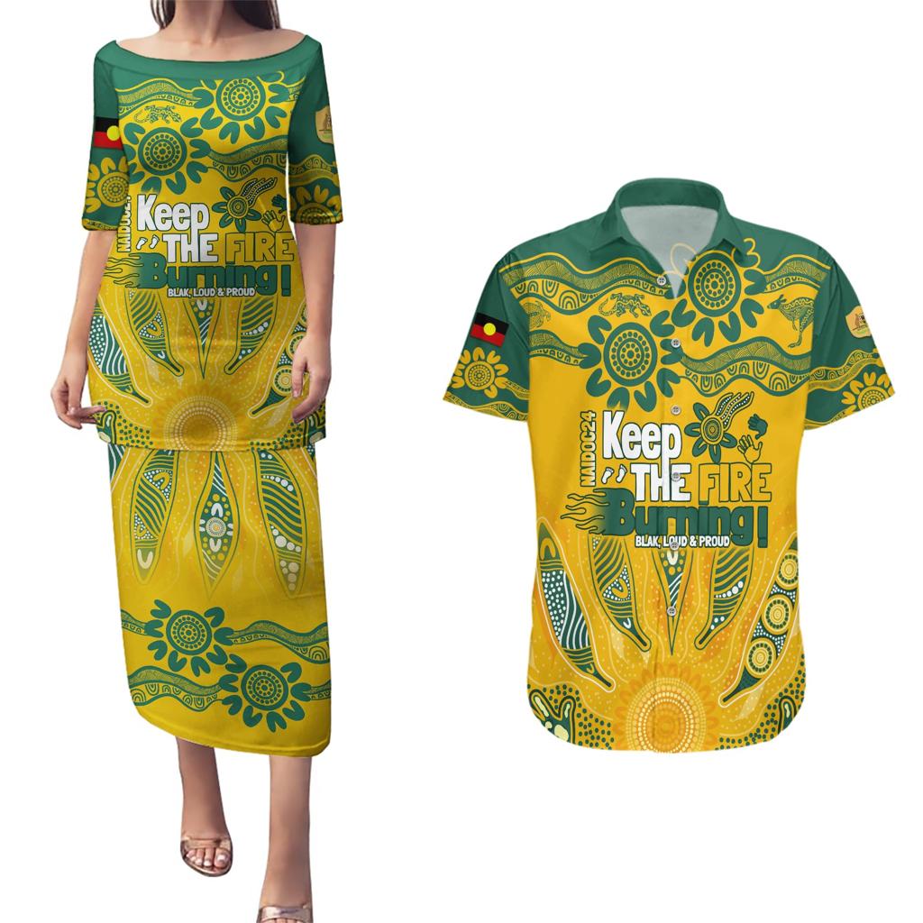 Custom Socceroos NAIDOC Week 2024 Couples Matching Puletasi and Hawaiian Shirt Indigenous Burning Fire National Colors