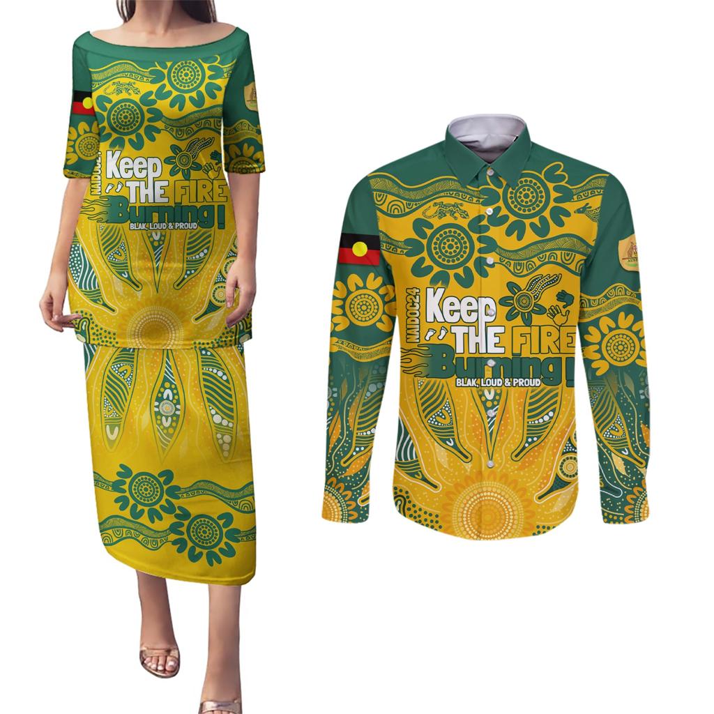 Custom Socceroos NAIDOC Week 2024 Couples Matching Puletasi and Long Sleeve Button Shirt Indigenous Burning Fire National Colors
