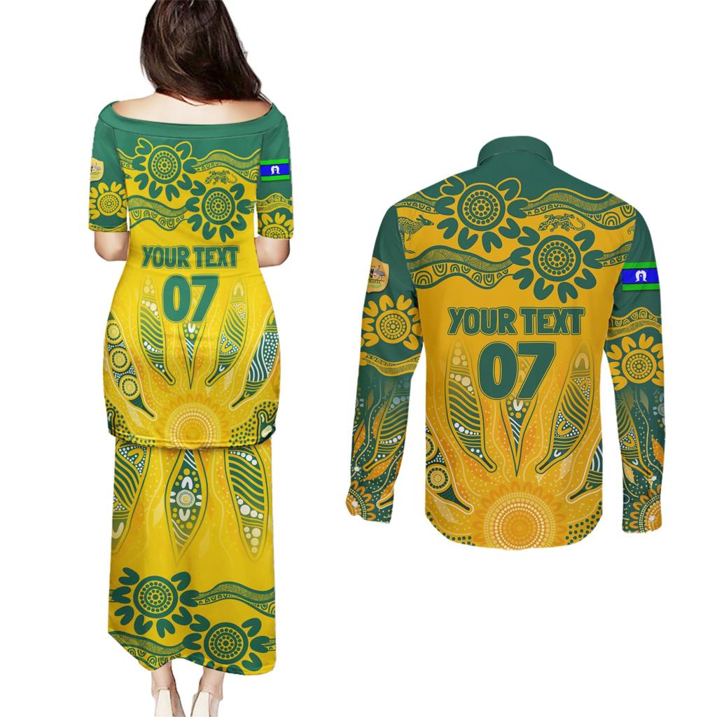 Custom Socceroos NAIDOC Week 2024 Couples Matching Puletasi and Long Sleeve Button Shirt Indigenous Burning Fire National Colors