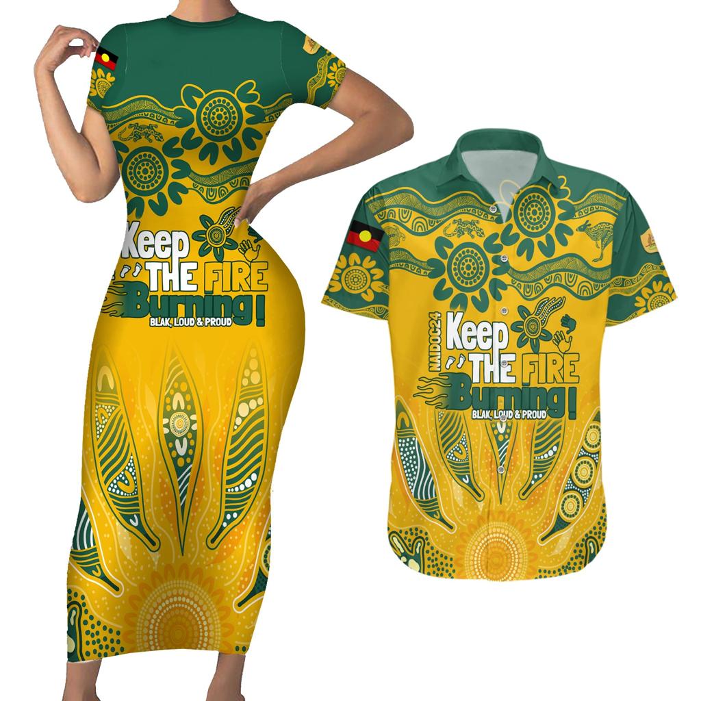 Custom Socceroos NAIDOC Week 2024 Couples Matching Short Sleeve Bodycon Dress and Hawaiian Shirt Indigenous Burning Fire National Colors
