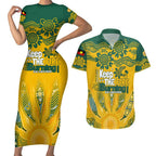 Custom Socceroos NAIDOC Week 2024 Couples Matching Short Sleeve Bodycon Dress and Hawaiian Shirt Indigenous Burning Fire National Colors
