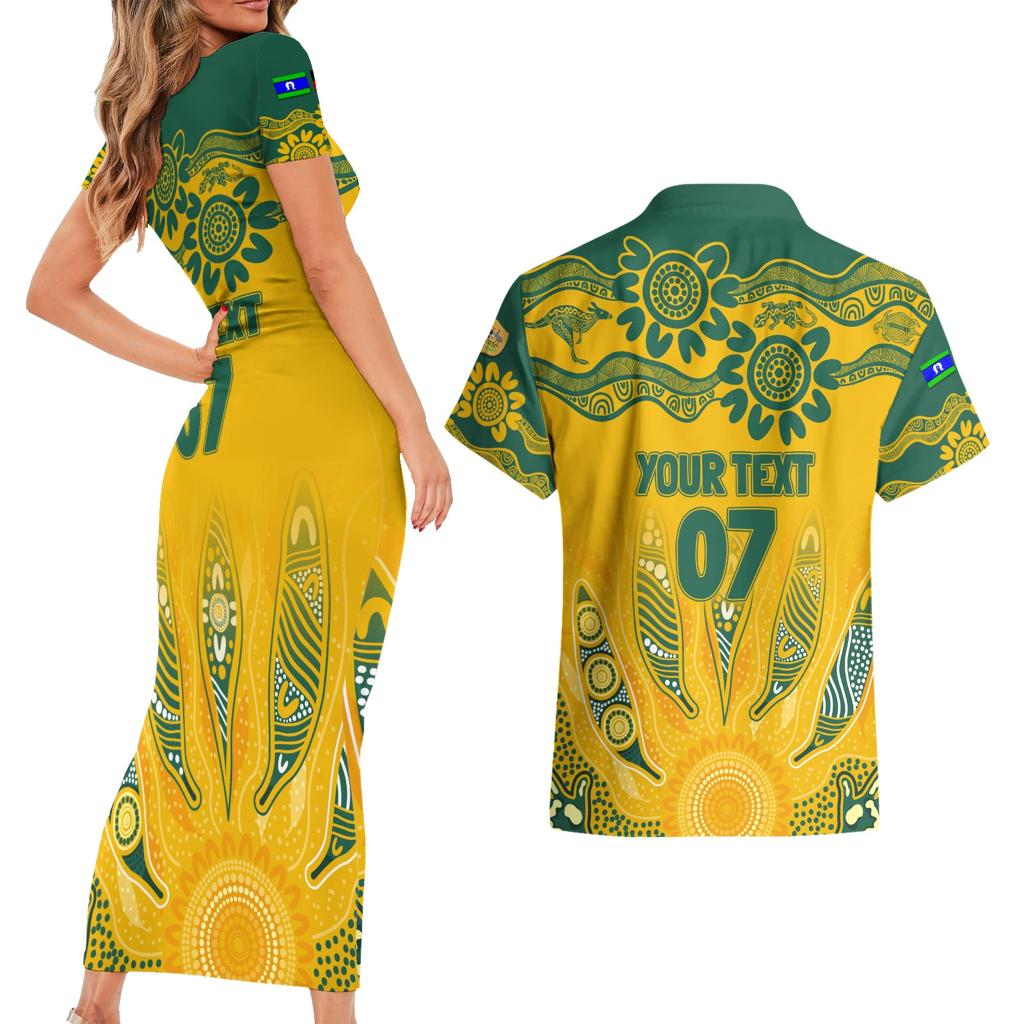 Custom Socceroos NAIDOC Week 2024 Couples Matching Short Sleeve Bodycon Dress and Hawaiian Shirt Indigenous Burning Fire National Colors