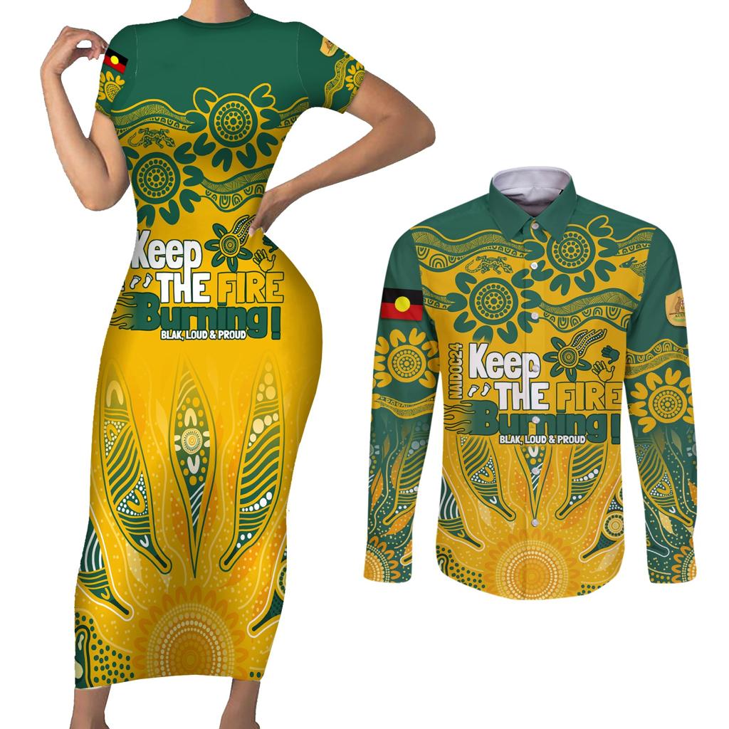 Custom Socceroos NAIDOC Week 2024 Couples Matching Short Sleeve Bodycon Dress and Long Sleeve Button Shirt Indigenous Burning Fire National Colors