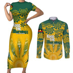 Custom Socceroos NAIDOC Week 2024 Couples Matching Short Sleeve Bodycon Dress and Long Sleeve Button Shirt Indigenous Burning Fire National Colors