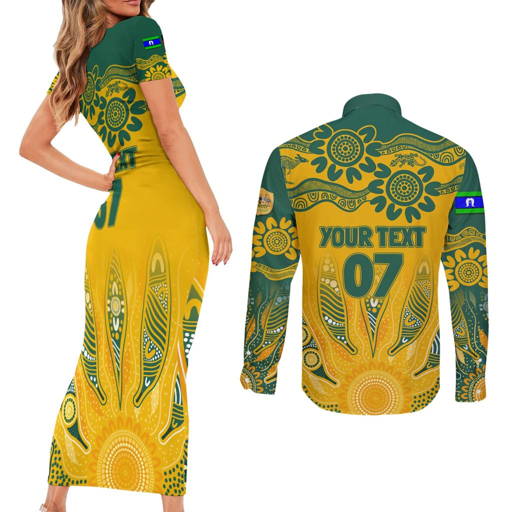 Custom Socceroos NAIDOC Week 2024 Couples Matching Short Sleeve Bodycon Dress and Long Sleeve Button Shirt Indigenous Burning Fire National Colors
