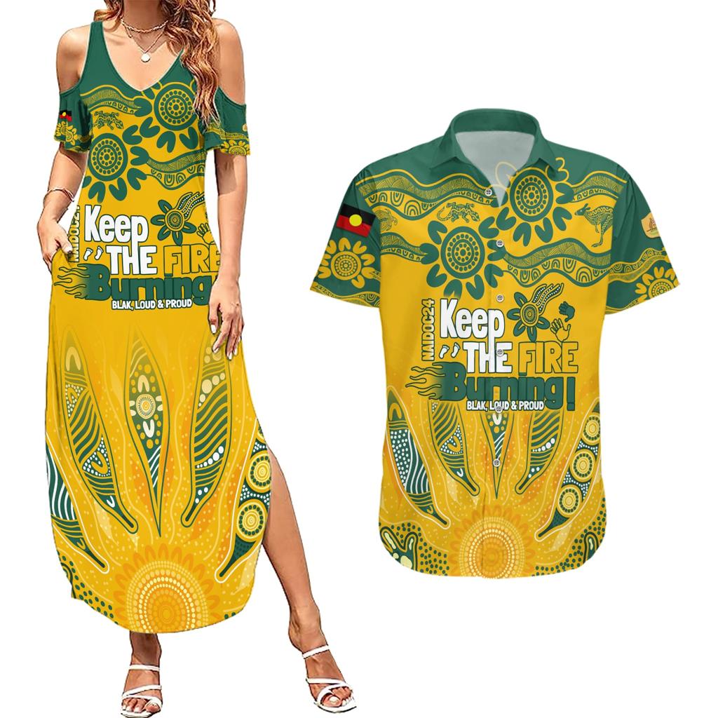 Custom Socceroos NAIDOC Week 2024 Couples Matching Summer Maxi Dress and Hawaiian Shirt Indigenous Burning Fire National Colors