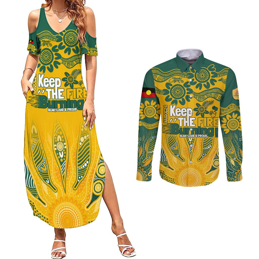 Custom Socceroos NAIDOC Week 2024 Couples Matching Summer Maxi Dress and Long Sleeve Button Shirt Indigenous Burning Fire National Colors