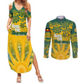 Custom Socceroos NAIDOC Week 2024 Couples Matching Summer Maxi Dress and Long Sleeve Button Shirt Indigenous Burning Fire National Colors