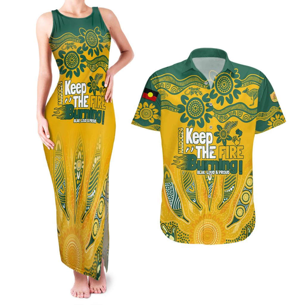 Custom Socceroos NAIDOC Week 2024 Couples Matching Tank Maxi Dress and Hawaiian Shirt Indigenous Burning Fire National Colors