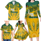 Custom Socceroos NAIDOC Week 2024 Family Matching Long Sleeve Bodycon Dress and Hawaiian Shirt Indigenous Burning Fire National Colors
