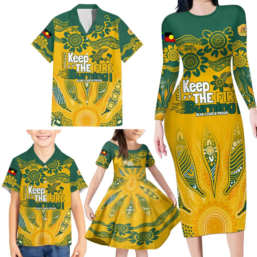 Custom Socceroos NAIDOC Week 2024 Family Matching Long Sleeve Bodycon Dress and Hawaiian Shirt Indigenous Burning Fire National Colors