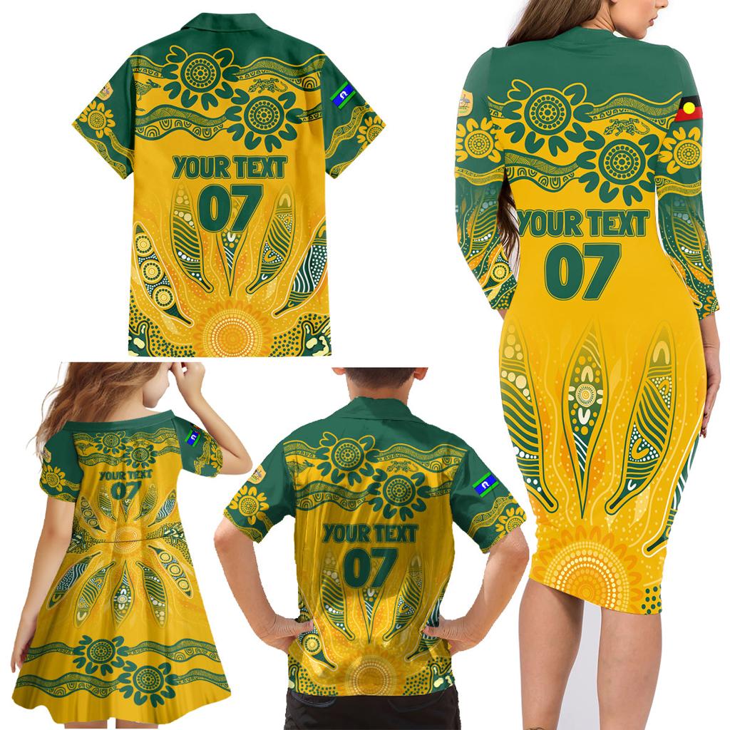 Custom Socceroos NAIDOC Week 2024 Family Matching Long Sleeve Bodycon Dress and Hawaiian Shirt Indigenous Burning Fire National Colors