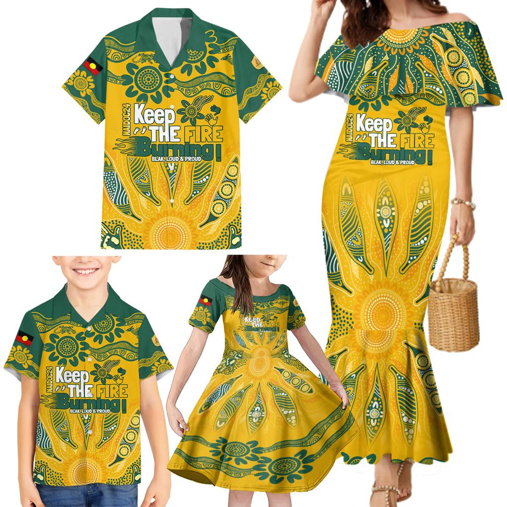 Custom Socceroos NAIDOC Week 2024 Family Matching Mermaid Dress and Hawaiian Shirt Indigenous Burning Fire National Colors