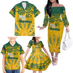 Custom Socceroos NAIDOC Week 2024 Family Matching Off Shoulder Long Sleeve Dress and Hawaiian Shirt Indigenous Burning Fire National Colors
