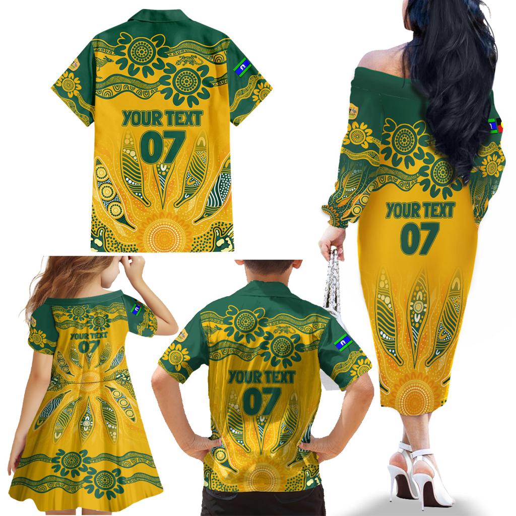 Custom Socceroos NAIDOC Week 2024 Family Matching Off Shoulder Long Sleeve Dress and Hawaiian Shirt Indigenous Burning Fire National Colors